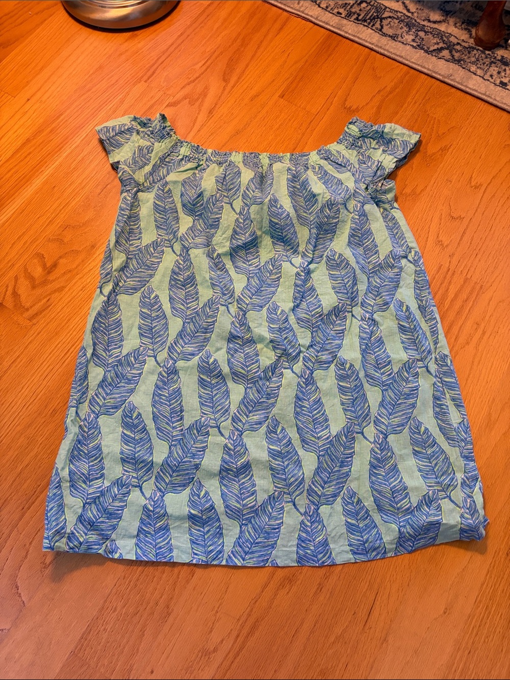 Vineyard Vines Palm Print Off The Shoulder Dress Capri blue size M linen blend